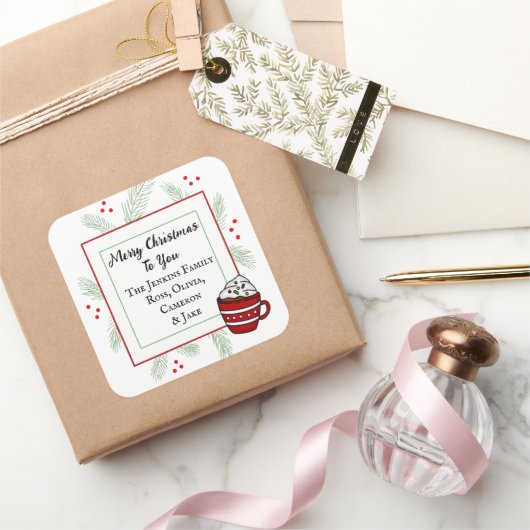 Pine naalden en warme cacao prettige kerstdagen vo vierkante sticker (Geschenken)