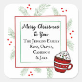 Pine naalden en warme cacao prettige kerstdagen vo vierkante sticker (Voorkant)