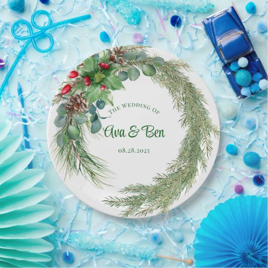 Pine naalden rode bessen krans bruiloft papieren bordje (Feest)