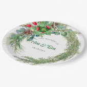 Pine naalden rode bessen krans bruiloft papieren bordje (Gekanteld)