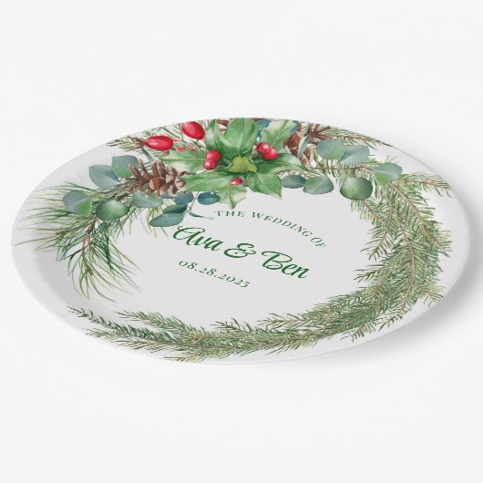 Pine naalden rode bessen krans bruiloft papieren bordje (Gekanteld)