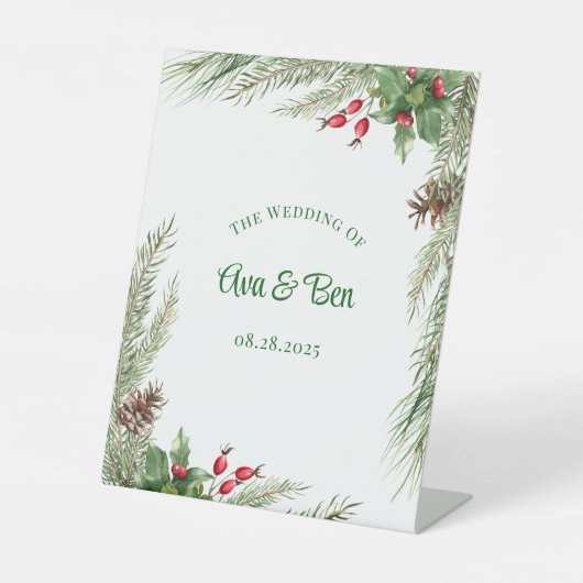 Pine naalden rode bessen krans bruiloft reclamebord met voetstuk (Voorkant)