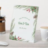 Pine naalden rode bessen krans bruiloft reclamebord met voetstuk (Insitu)