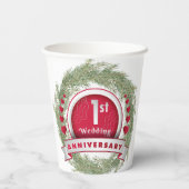Pine Needle Krans Rood 1e Huwelijk Jubileum Papieren Bekers (Achterkant)