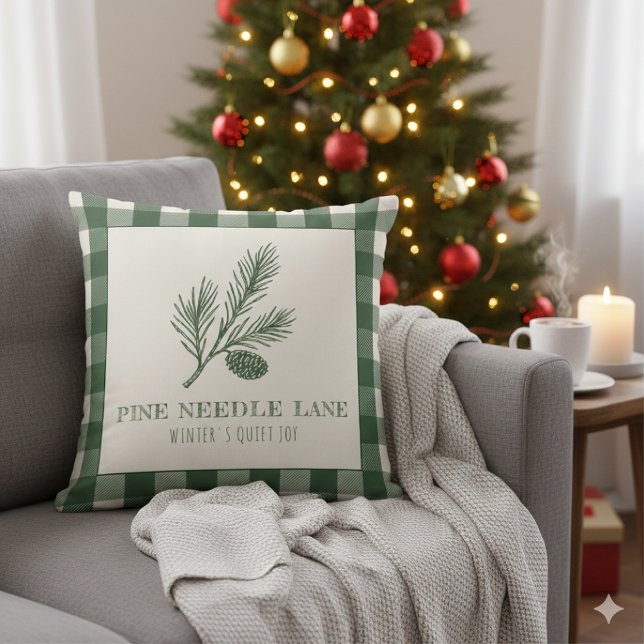 Pine Needle Lane-dennenappelprint & Gingham rand Kussen (Creator heeft geüpload)