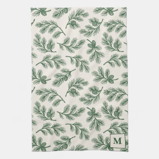 Pine Needle Lane-dennenappelprint & monogramdetail Theedoek (Verticaal)