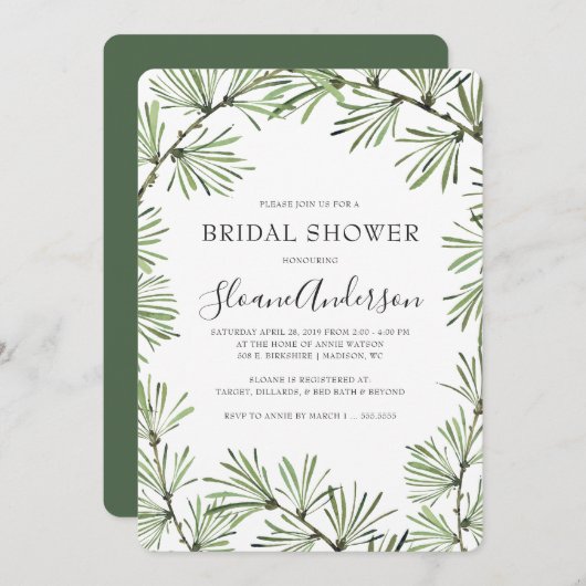 Pine Needles Moderne Bruids Douche Uitnodiging (Voorkant / Achterkant)