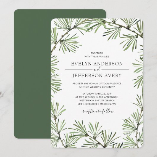 Pine Needles Moderne Winter Huwelijksuitnodiging Kaart (Voorkant / Achterkant)