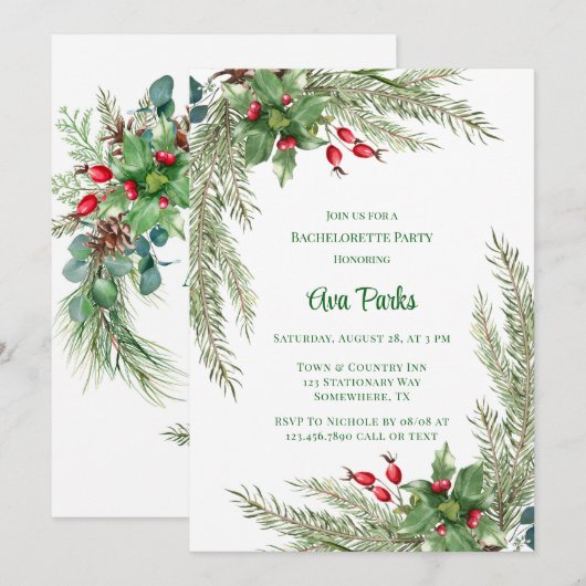 Pine Needles Red Berry Bachelorette Party Kaart (Voorkant / Achterkant)