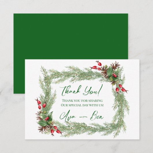 Pine Needles Red Berry Christmas Bedankt Kaart (Voorkant / Achterkant)