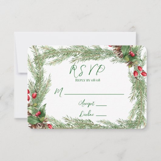 Pine Needles Red Berry Christmas RSVP kaarten (Voorkant)