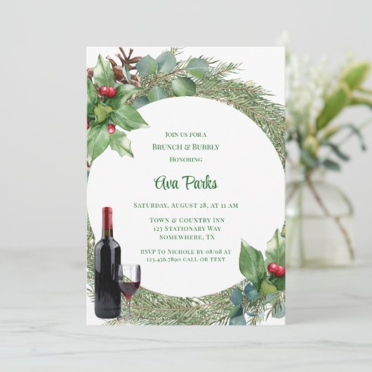 Pine Needles Red Berry Kerst Brunch en Bubbly Kaart (Staand voorkant)