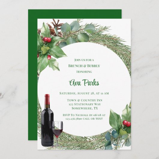 Pine Needles Red Berry Kerst Brunch en Bubbly Kaart (Voorkant / Achterkant)