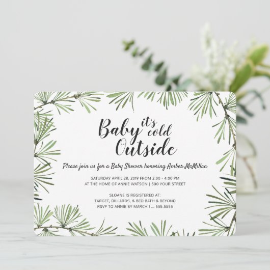 Pine Needles Winter Baby shower Uitnodiging (Staand voorkant)