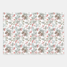 Pine Pine Cones Red Berries Kerstmis Inpakpapier Vel