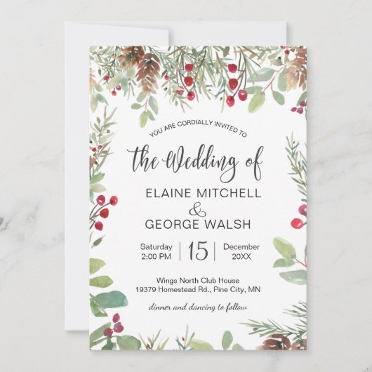 Pine Red Berry Winter Greenery Wedding Kaart (Voorkant)