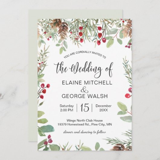 Pine Red Berry Winter Greenery Wedding Kaart (Voorkant / Achterkant)