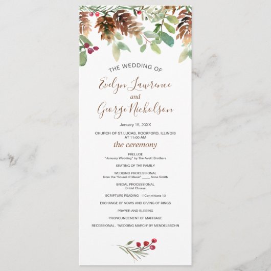 Pine Red Berry Winter Greenery Wedding Programme Programmakaart (Voorkant)