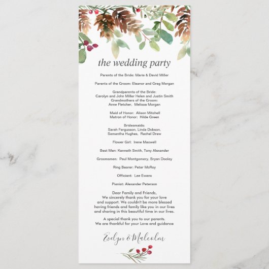 Pine Red Berry Winter Greenery Wedding Programme Programmakaart (Achterkant)