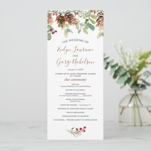 Pine Red Berry Winter Greenery Wedding Programme Programmakaart (Staand voorkant)
