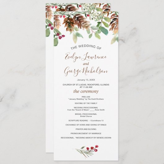Pine Red Berry Winter Greenery Wedding Programme Programmakaart (Voorkant / Achterkant)