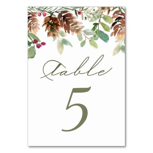 Pine Red Berry Winter Groener Table Number Kaart (Achterkant)