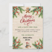 Pine rode bessen beige burlap schattige uil Kerstm Feestdagenkaart (Voorkant)