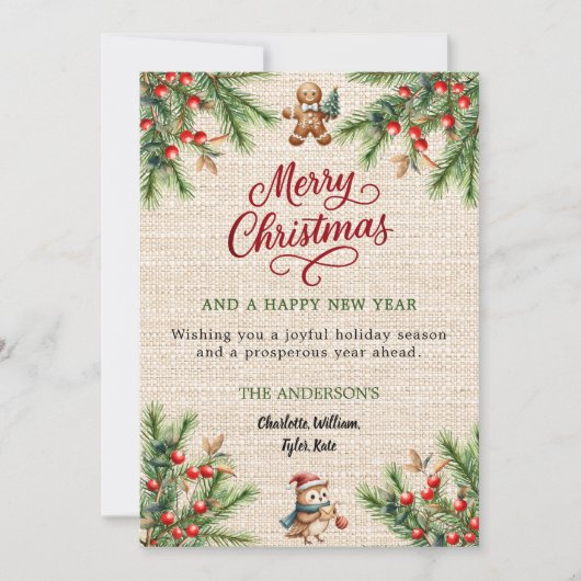 Pine rode bessen beige burlap schattige uil Kerstm Feestdagenkaart (Voorkant)