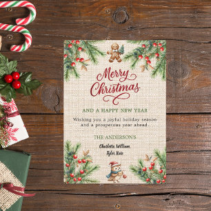 Pine rode bessen beige burlap schattige uil Kerstm Feestdagenkaart