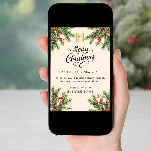 Pine rode bessen beige business logo kerst feestdagenkaart