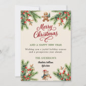 Pine rode bessen beige schattige uil script Kerstm Feestdagenkaart (Voorkant)