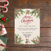 Pine rode bessen beige schattige uil script Kerstm Feestdagenkaart