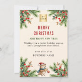 Pine rode bessen beige uil bedrijf logo kerst feestdagenkaart (Voorkant)