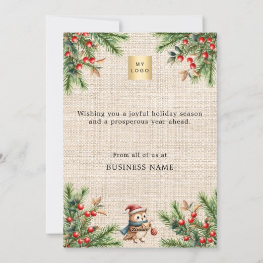 Pine rode bessen burlap uil bedrijf Kerstmis Feestdagenkaart (Achterkant)