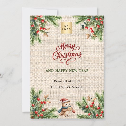 Pine rode bessen burlap uil bedrijf Kerstmis Feestdagenkaart (Voorkant)
