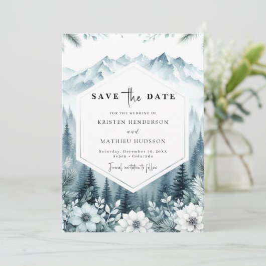 Pine Romance Mountain Wedding Save The Date (Staand voorkant)