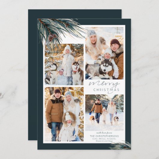 Pine Script Merry Kerstmis 4 Foto Collage Feestdagenkaart (Voorkant / Achterkant)