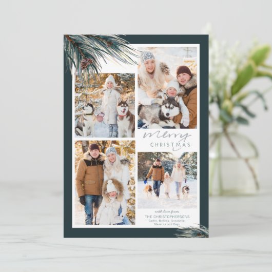 Pine Script Merry Kerstmis 4 Foto Collage Feestdagenkaart (Staand voorkant)