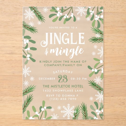 Pine Snowflakes Jingle & Mingle Kerstfeest Acryl Uitnodigingen (Voorkant)
