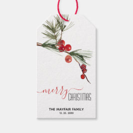 Pine Sprig Red Berries Merry kerstEditable Cadeaulabel