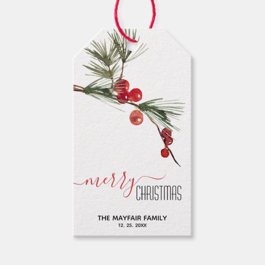 Pine Sprig Red Berries Merry kerstEditable Cadeaulabel (Voorkant)