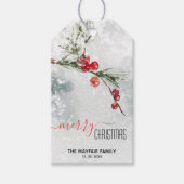 Pine Sprig Red Berries Snowstorm Merry Kerstry Cadeaulabel (Voorkant)