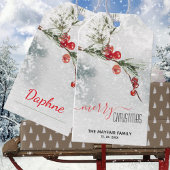 Pine Sprig Red Berries Snowstorm Merry Kerstry Cadeaulabel