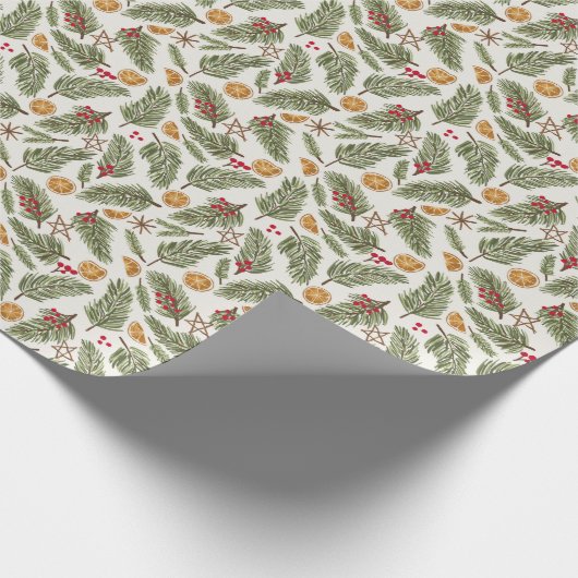 Pine Sprigs, Berries, Sinaasappels met kanker, ker Cadeaupapier (Hoek)