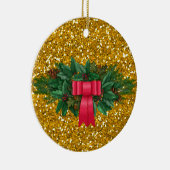 Pine Swag | Rode Bow | Faux Gold Glitter Holiday Keramisch Ornament (Rechts)