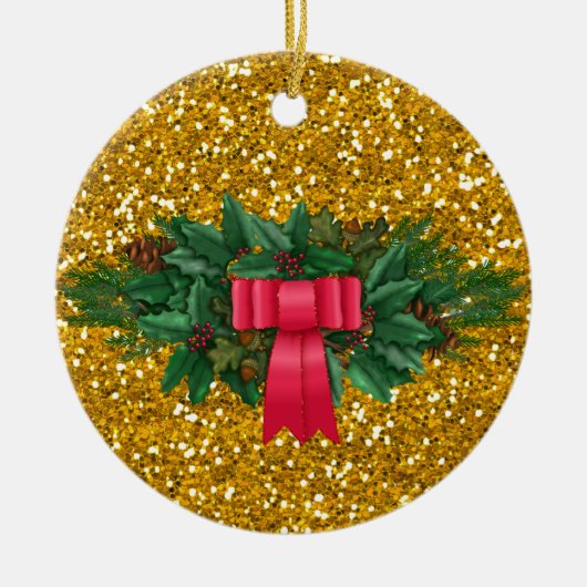 Pine Swag | Rode Bow | Faux Gold Glitter Holiday Keramisch Ornament (Voorkant)