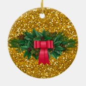 Pine Swag | Rode Bow | Faux Gold Glitter Holiday Keramisch Ornament (Achterkant)