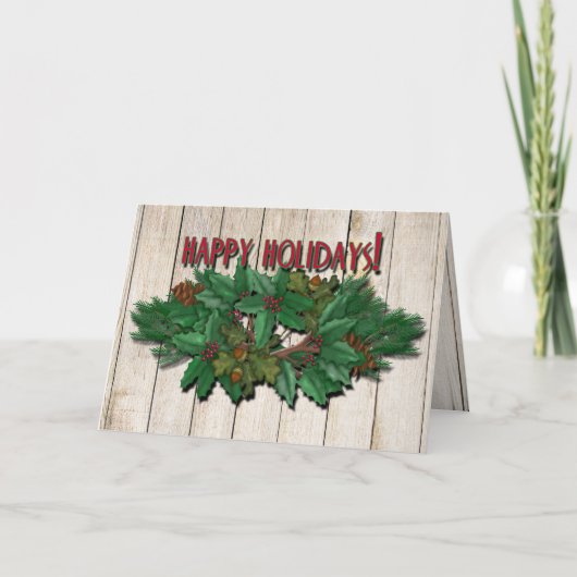 Pine Swag Wood Achtergrond kerstKaart Feestdagen Kaart (Voorkant)