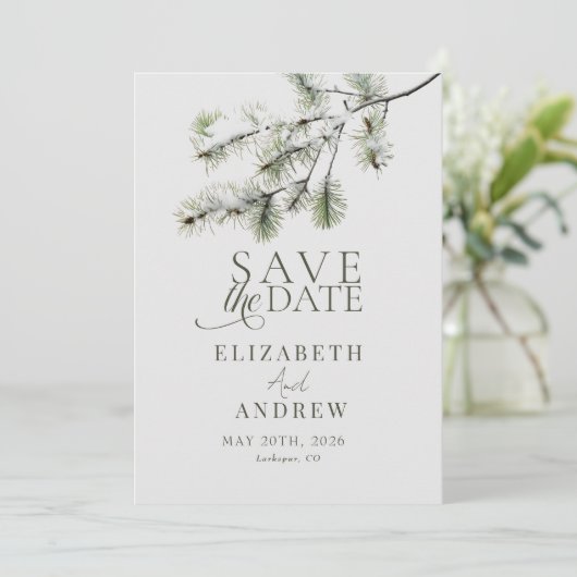 Pine tak | Winter Woud Huwelijk Save The Date (Staand voorkant)
