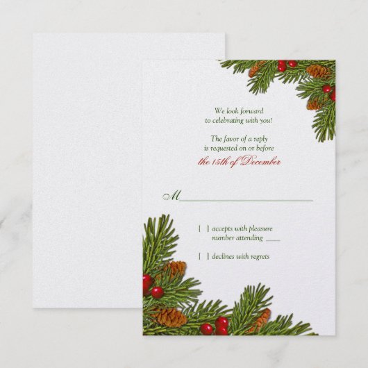 Pine Takken Kerst Winter Bruiloft RSVP Kaart (Voorkant / Achterkant)